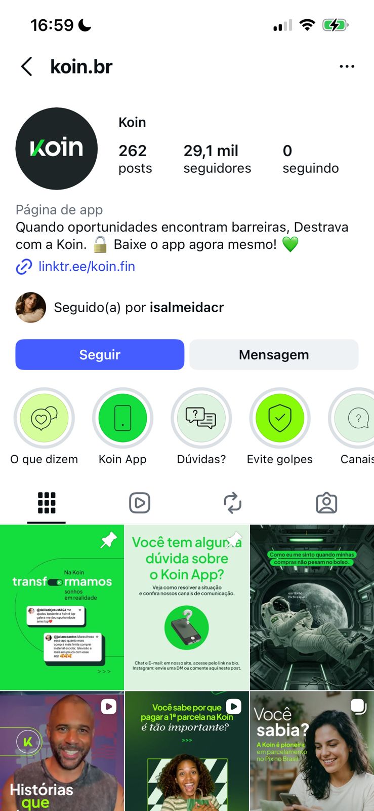 Perfil da Koin no Instagram